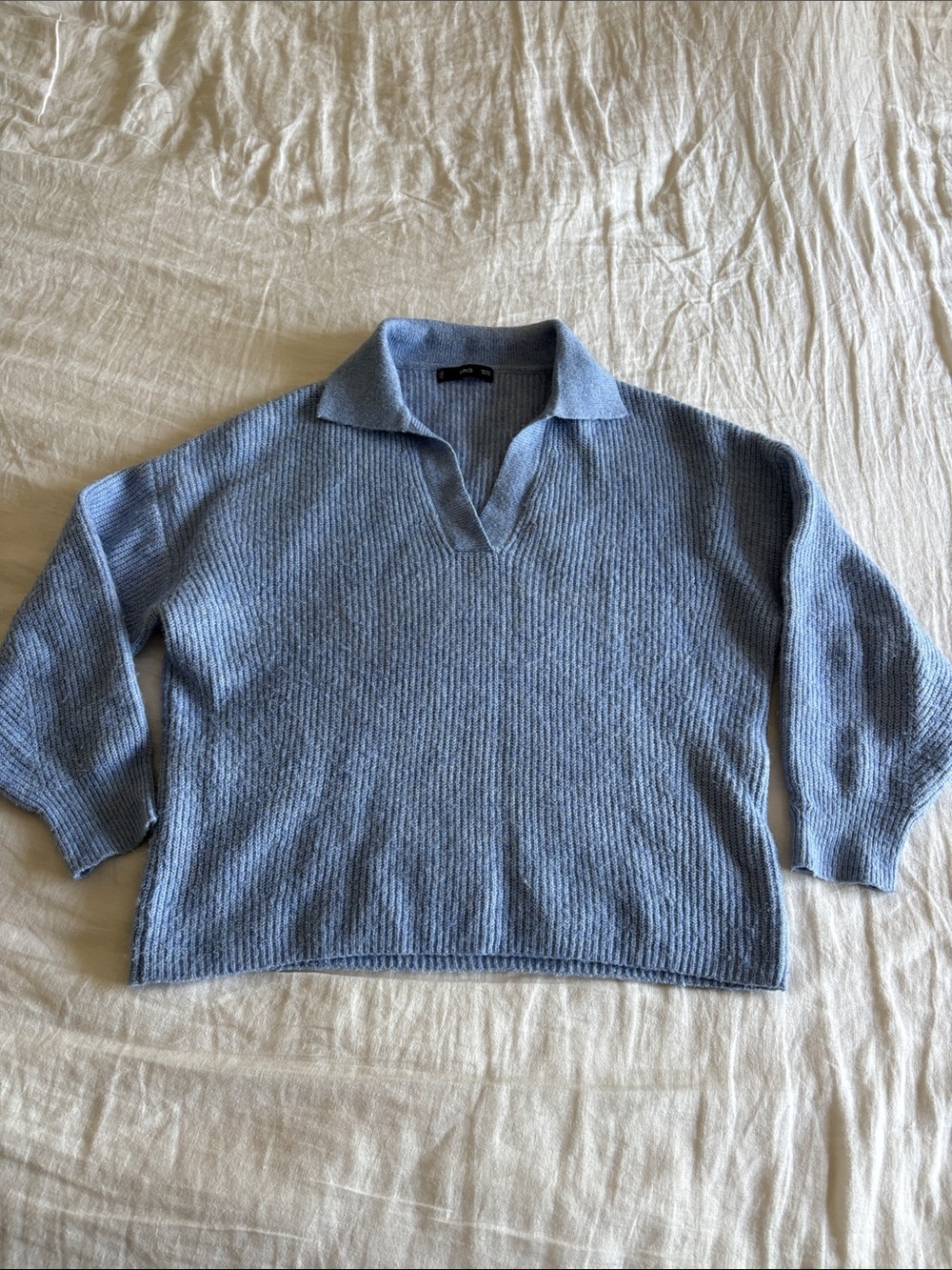 Mango Light Blue V-Neck Collared Knit Sweater
